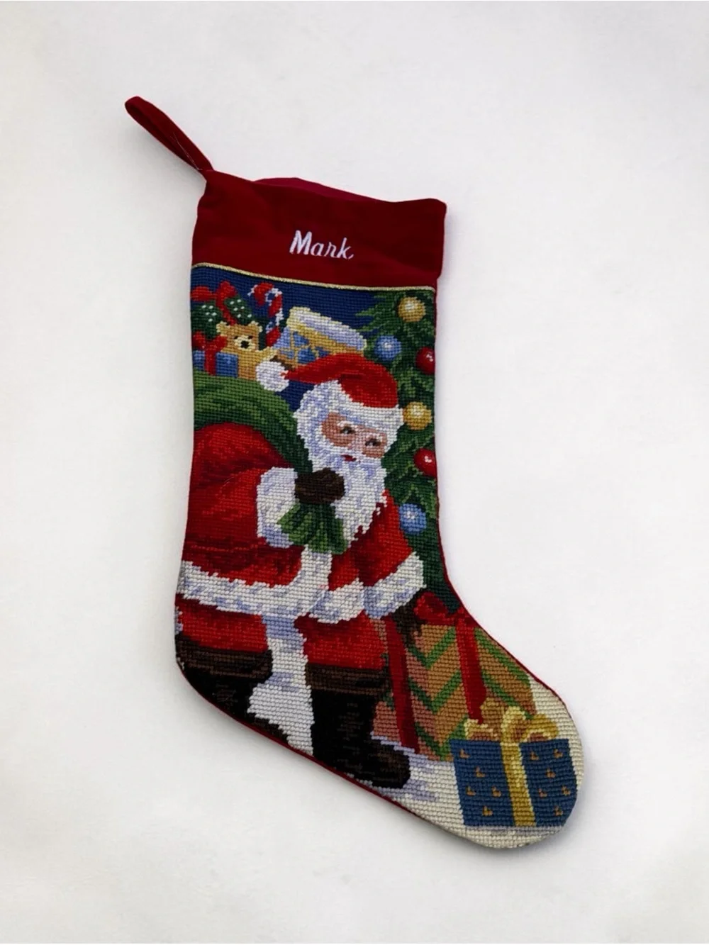Personalized Red Santa Holiday Stocking - Mark needlepoint & velvet